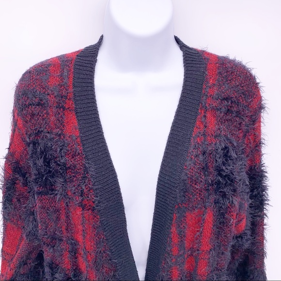 Tobi Red and Black Plaid Fuzzy Cardigan Sweater - Picture 2 of 6